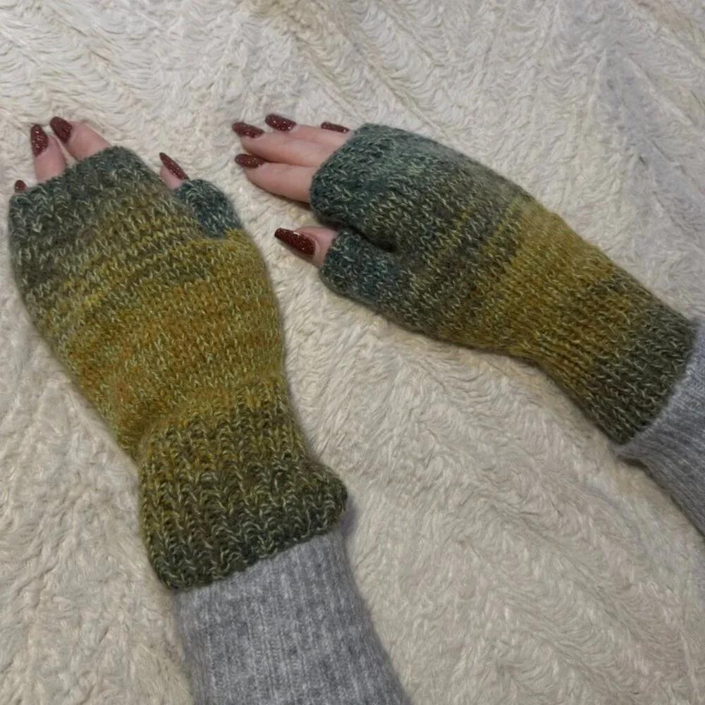 Handmade Women's Wool Blend Green Colorful Knit Fingerless Soft Mittens Gloves